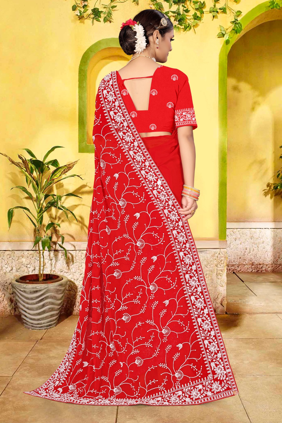 Soft Georgette Lucknavi Chikankari Embroidery Work With Lace Border Saree