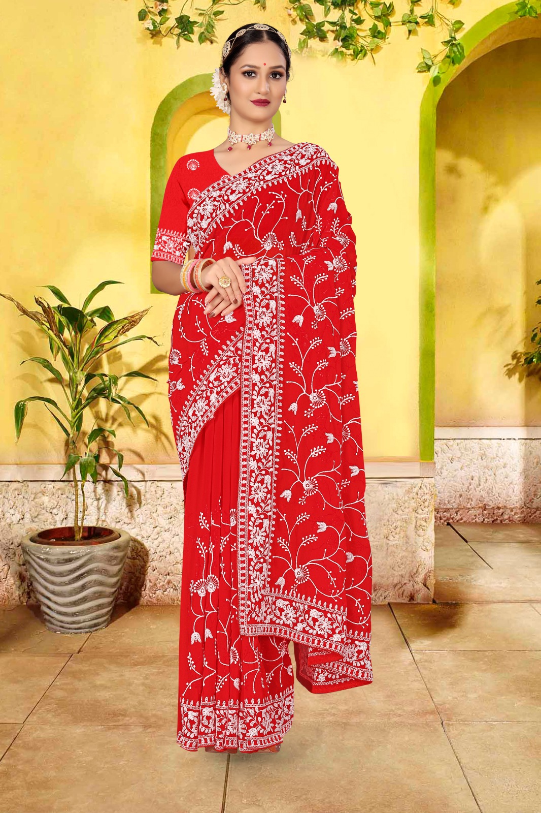 Soft Georgette Lucknavi Chikankari Embroidery Work With Lace Border Saree