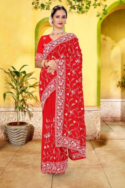 Image of Soft Georgette Lucknavi Chikankari Embroidery Work With Lace Border Saree