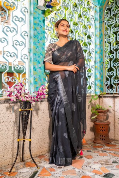 Image of Pure Viscose Georgette Boota Pattern With Satin Brasso Border Saree
