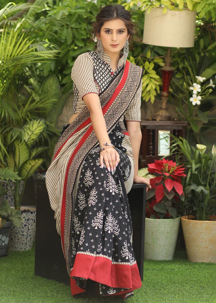 Pure Cotton Silk Digital Printed All Over With Running Bp Saree