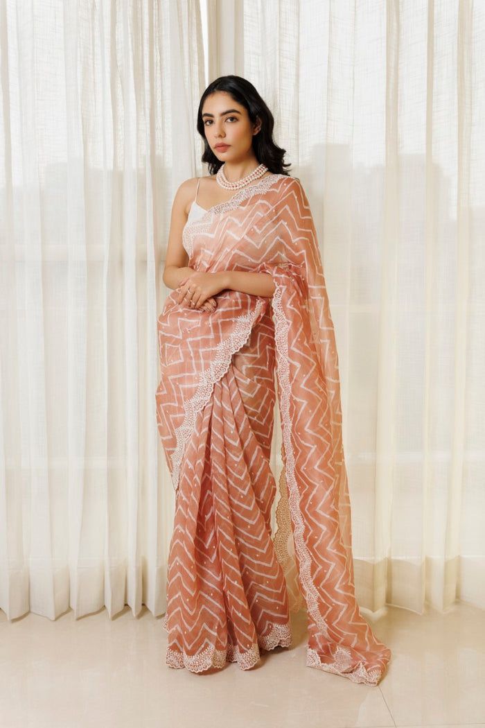 Pure Organza Silk Lehariya Design Print With Motif Embroidery Cutwork Border Saree