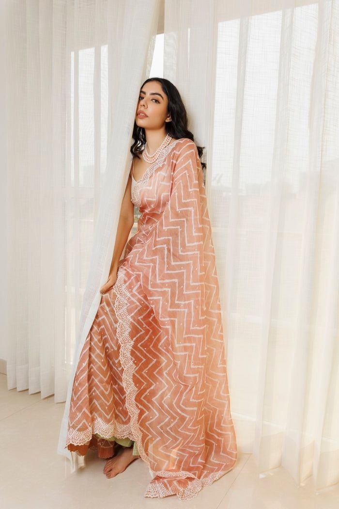 Pure Organza Silk Lehariya Design Print With Motif Embroidery Cutwork Border Saree