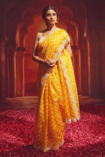 Image of Pure Organza Silk Lehariya Design Print With Motif Embroidery Cutwork Border Saree