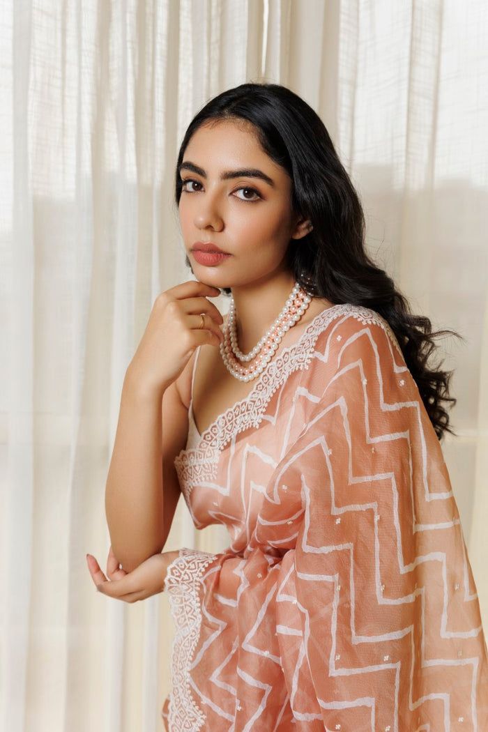 Pure Organza Silk Lehariya Design Print With Motif Embroidery Cutwork Border Saree