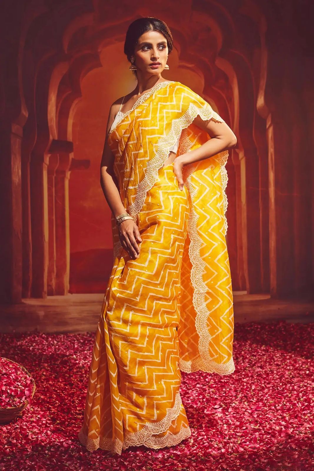Pure Organza Silk Lehariya Design Print With Motif Embroidery Cutwork Border Saree