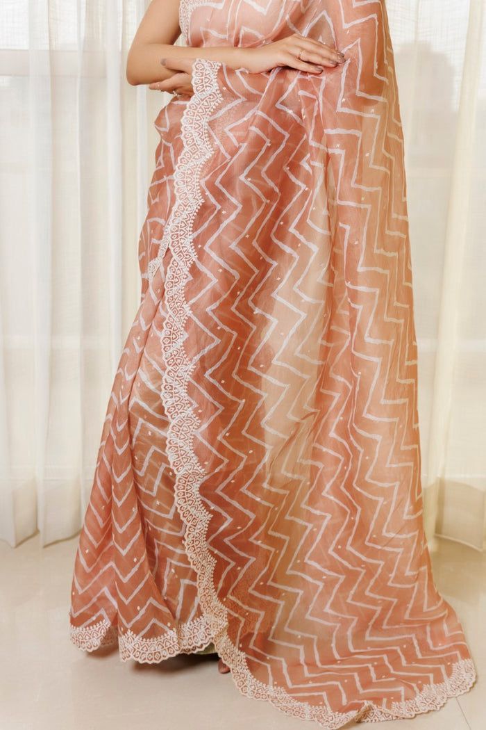 Pure Organza Silk Lehariya Design Print With Motif Embroidery Cutwork Border Saree