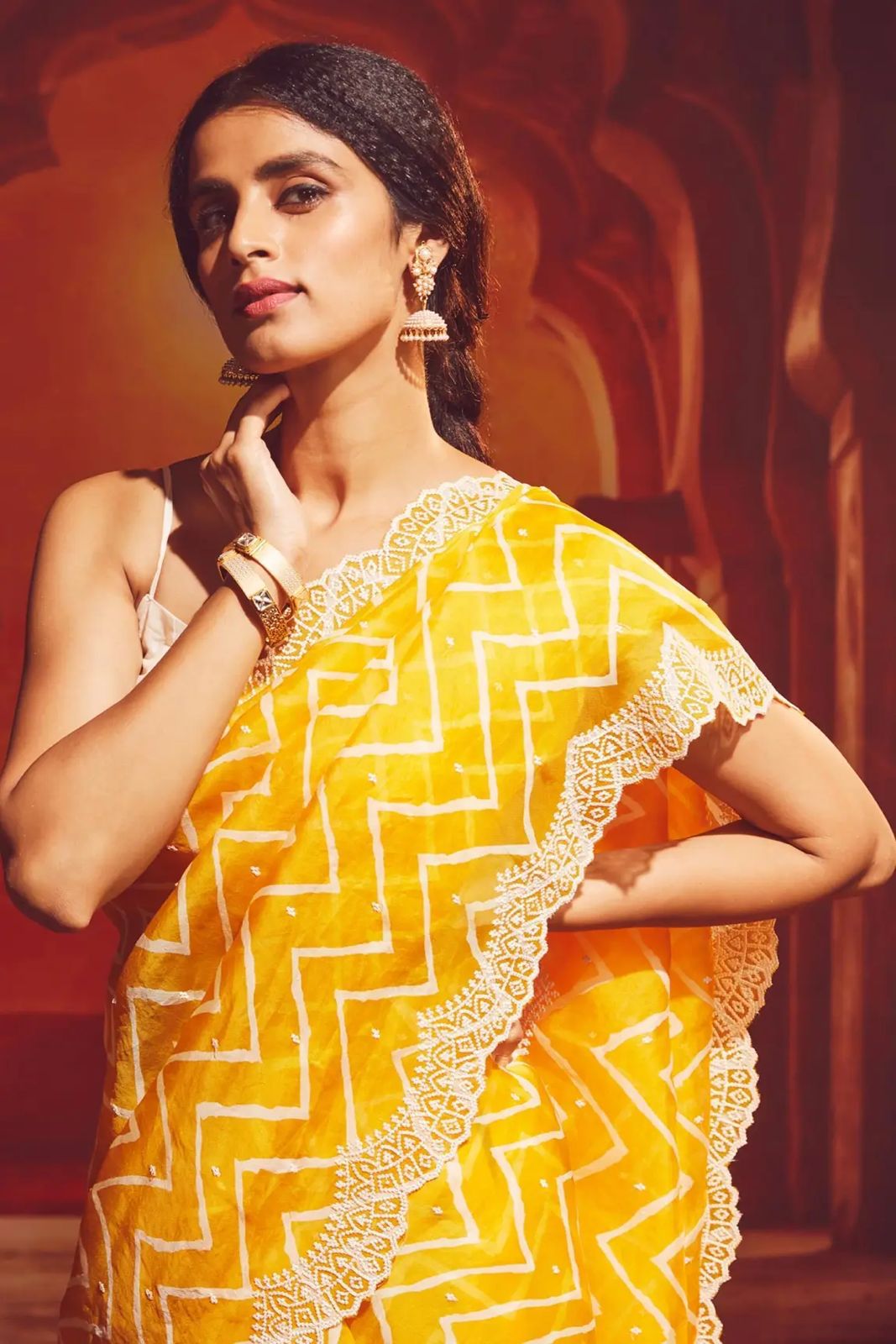 Pure Organza Silk Lehariya Design Print With Motif Embroidery Cutwork Border Saree