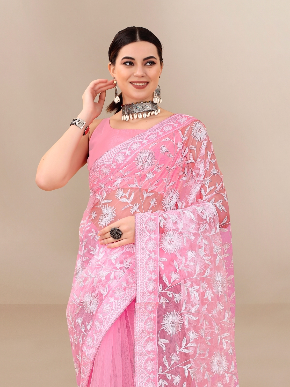 Organza Silk All Over Chikankari Work With Piping Border Lace Saree