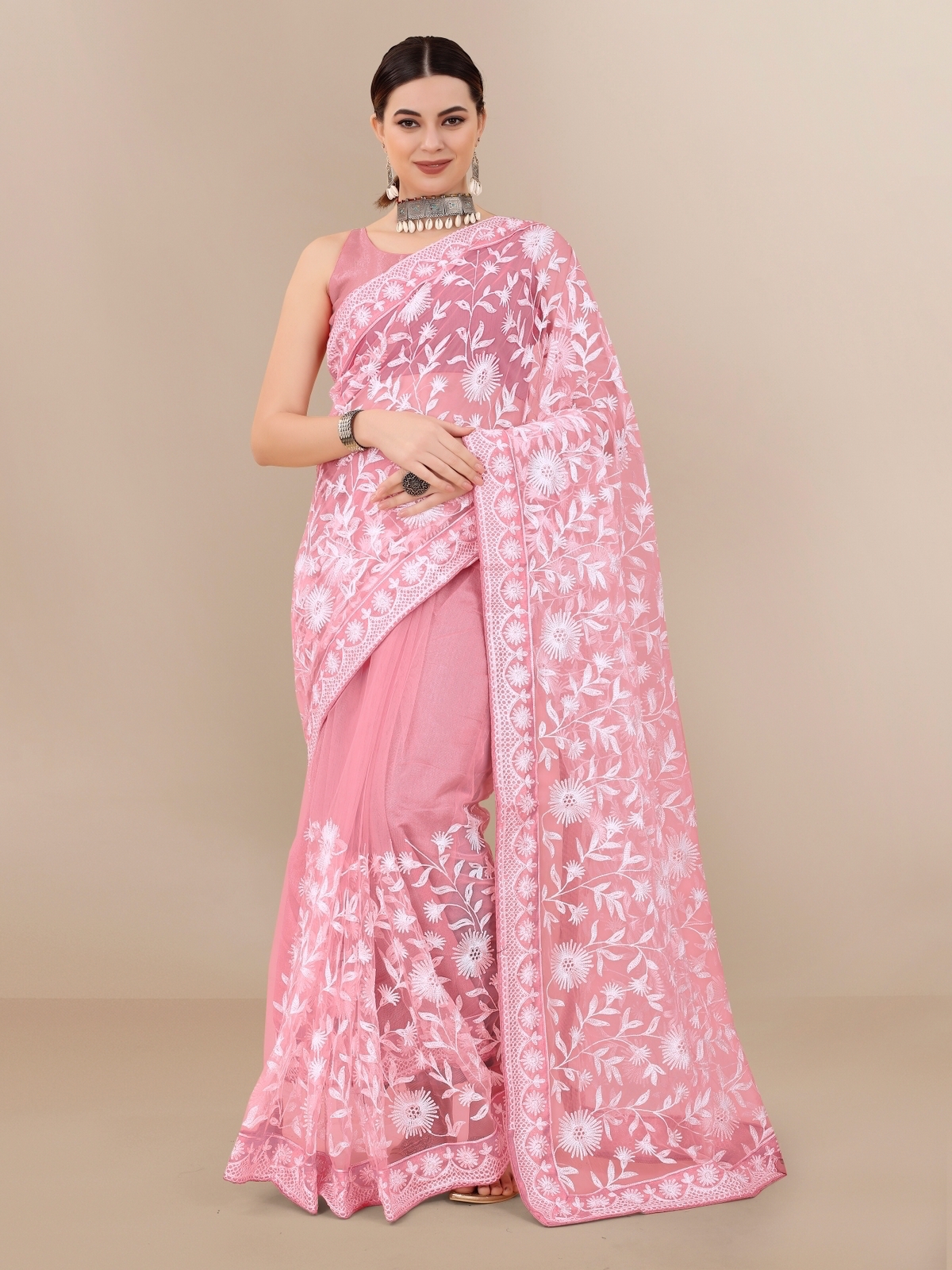 Organza Silk All Over Chikankari Work With Piping Border Lace Saree