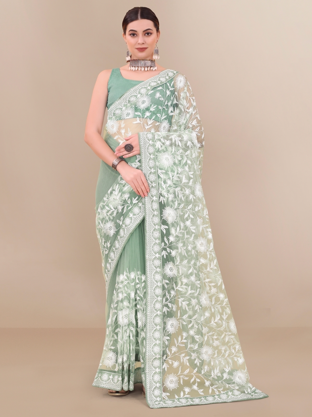 Organza Silk All Over Chikankari Work With Piping Border Lace Saree