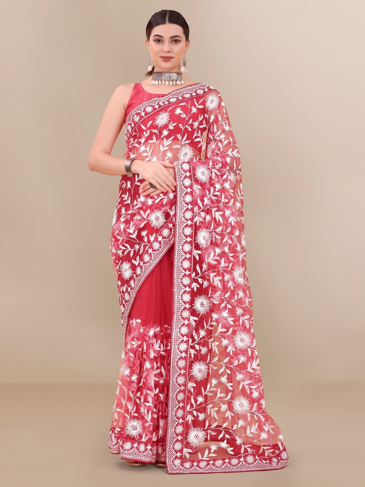 Organza Silk All Over Chikankari Work With Piping Border Lace Saree