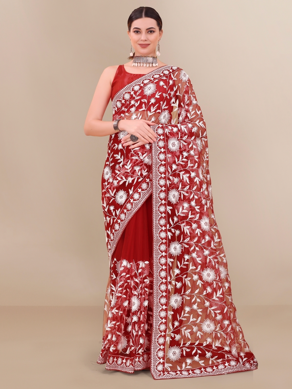 Organza Silk All Over Chikankari Work With Piping Border Lace Saree