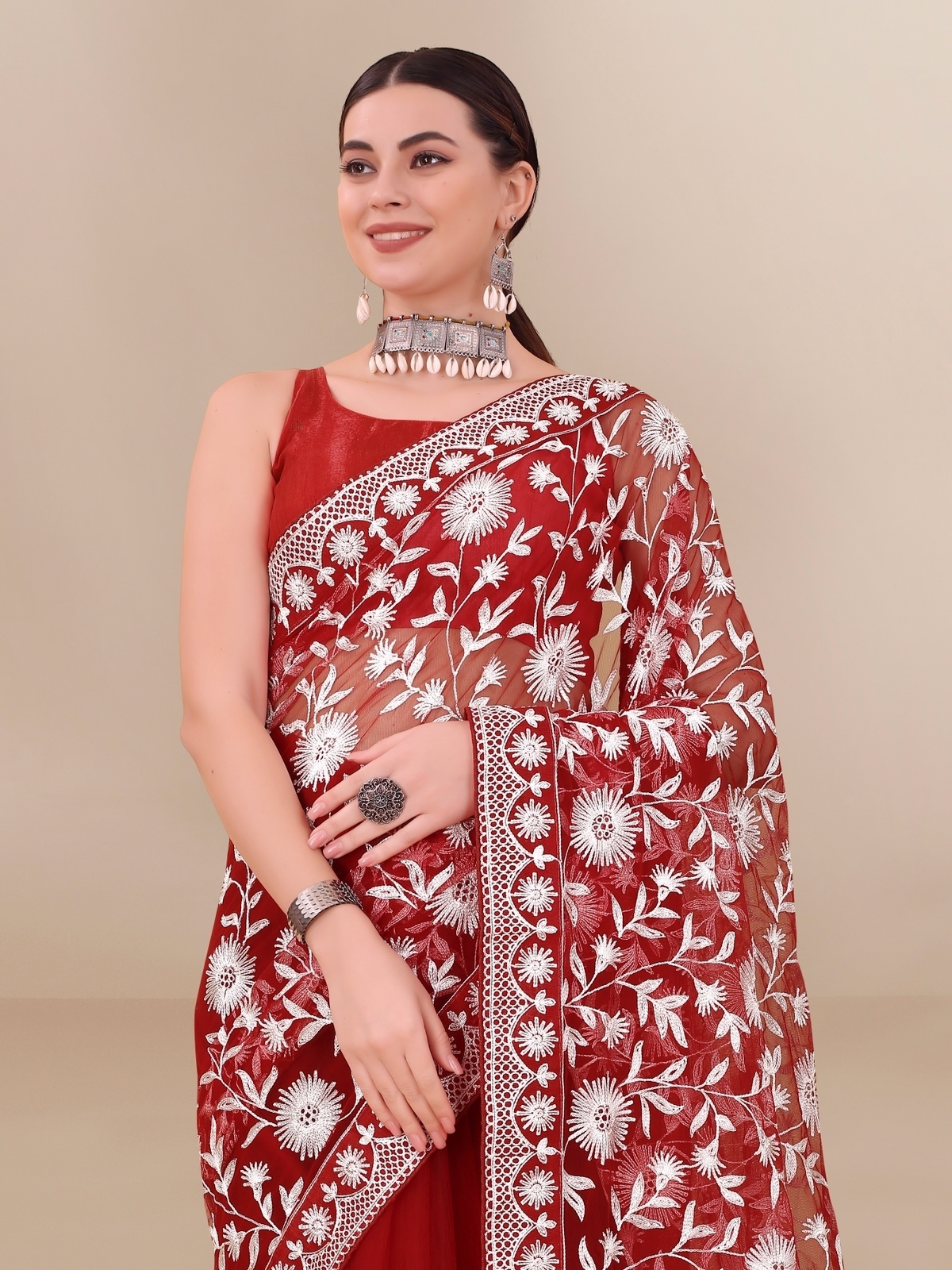Organza Silk All Over Chikankari Work With Piping Border Lace Saree