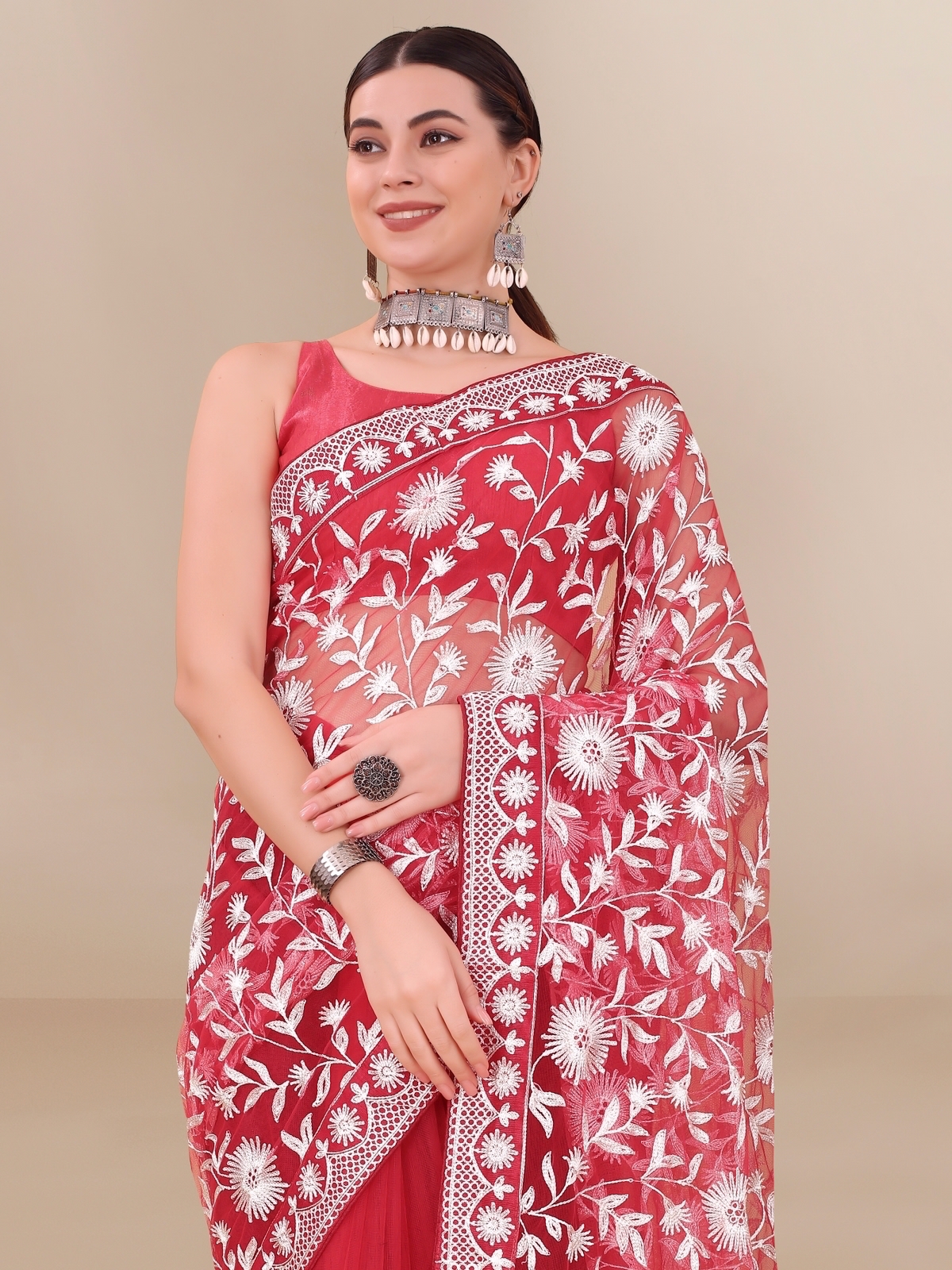 Organza Silk All Over Chikankari Work With Piping Border Lace Saree