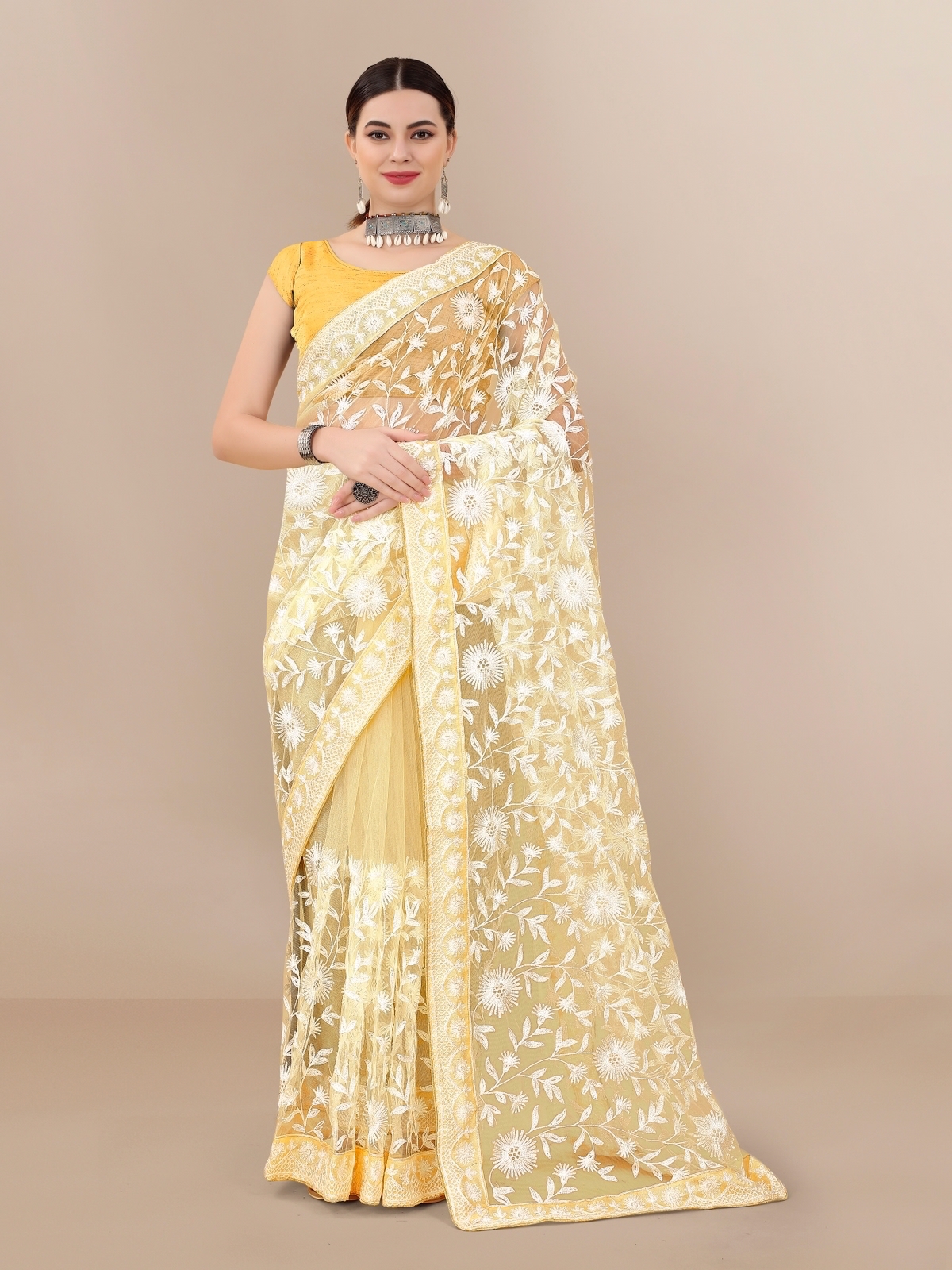 Organza Silk All Over Chikankari Work With Piping Border Lace Saree
