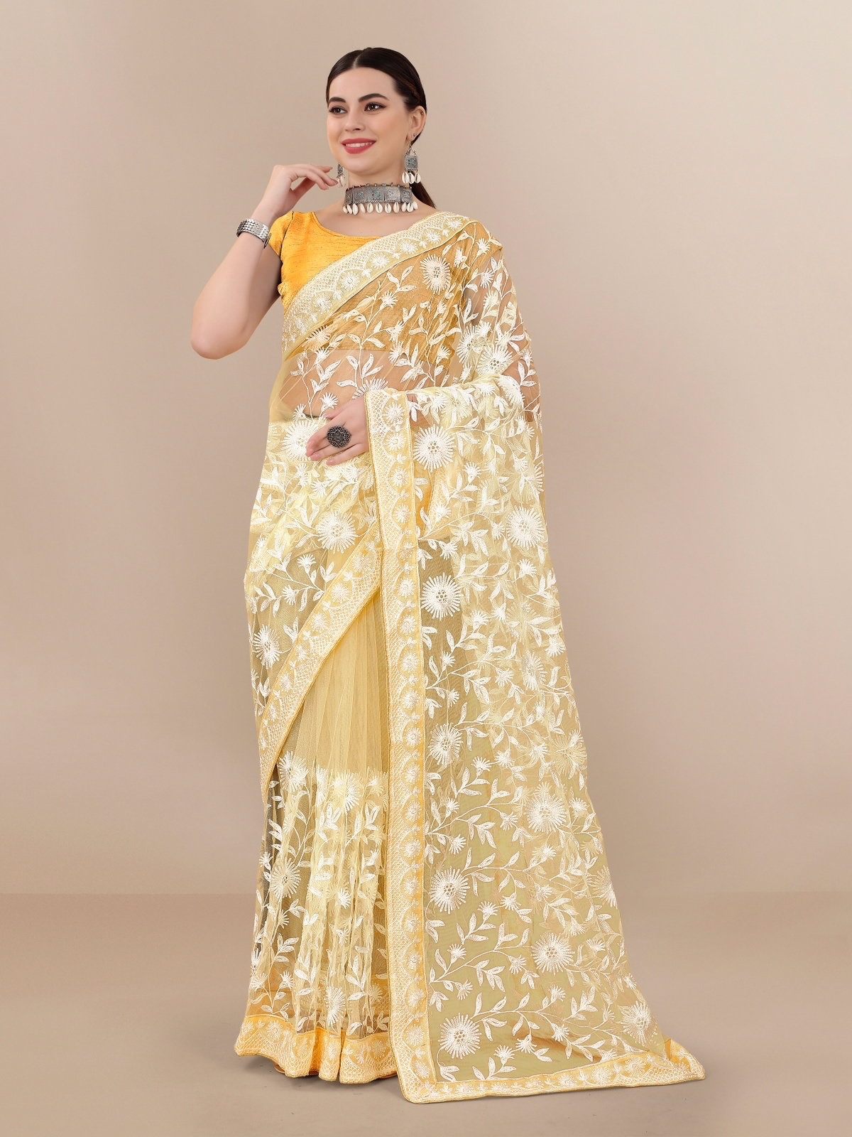 Organza Silk All Over Chikankari Work With Piping Border Lace Saree