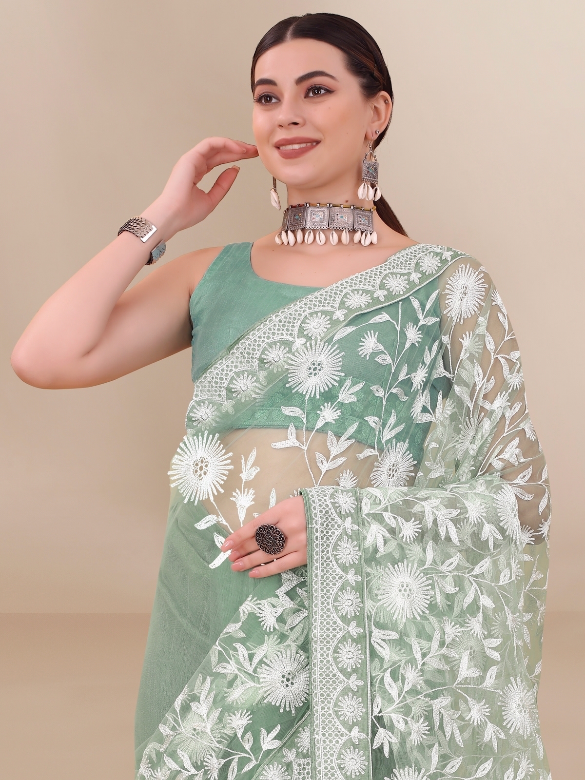 Organza Silk All Over Chikankari Work With Piping Border Lace Saree