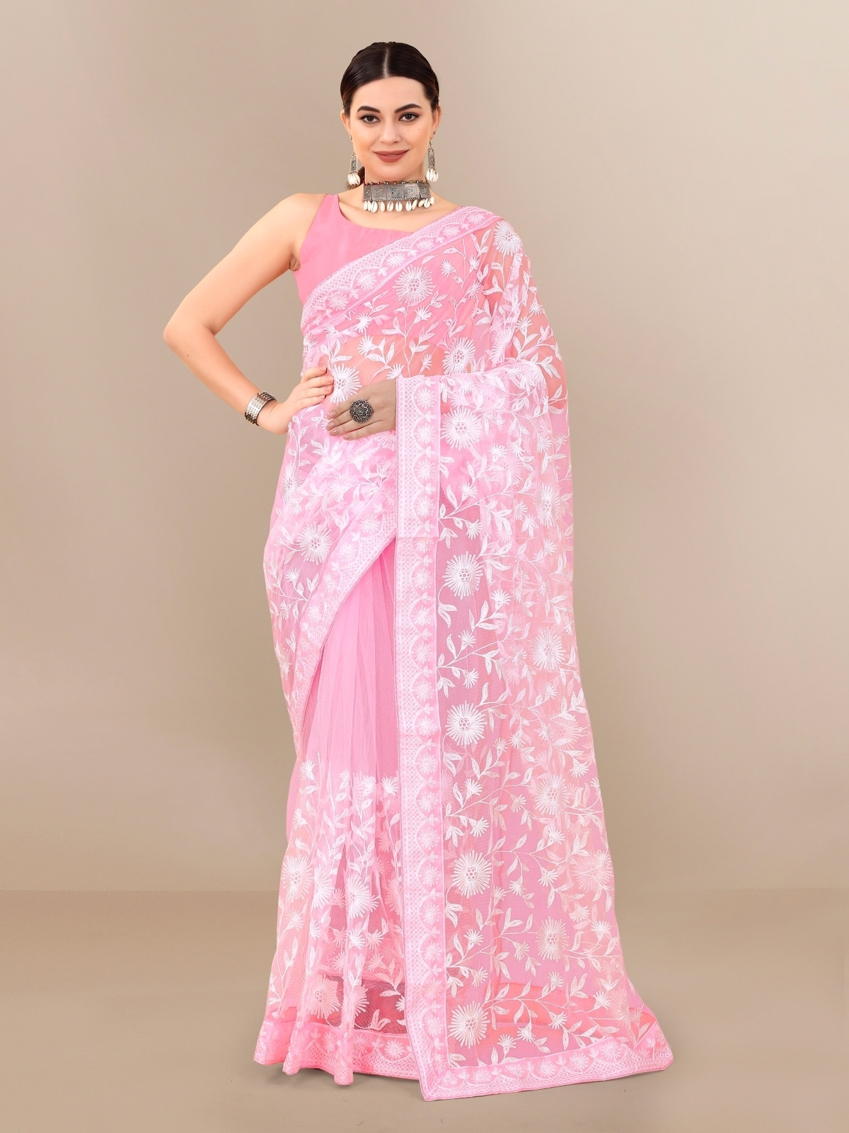 Organza Silk All Over Chikankari Work With Piping Border Lace Saree