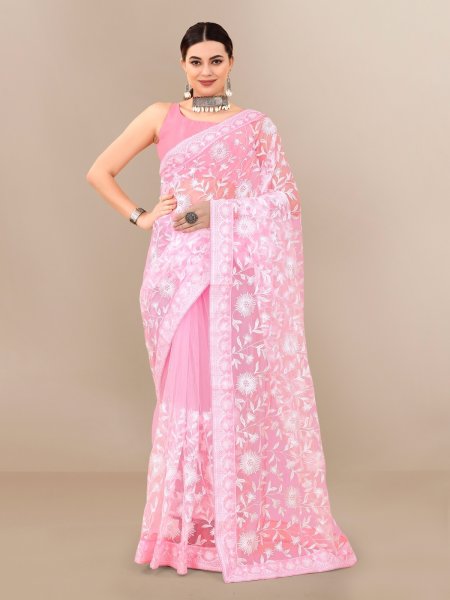 Image of Organza Silk All Over Chikankari Work With Piping Border Lace Saree