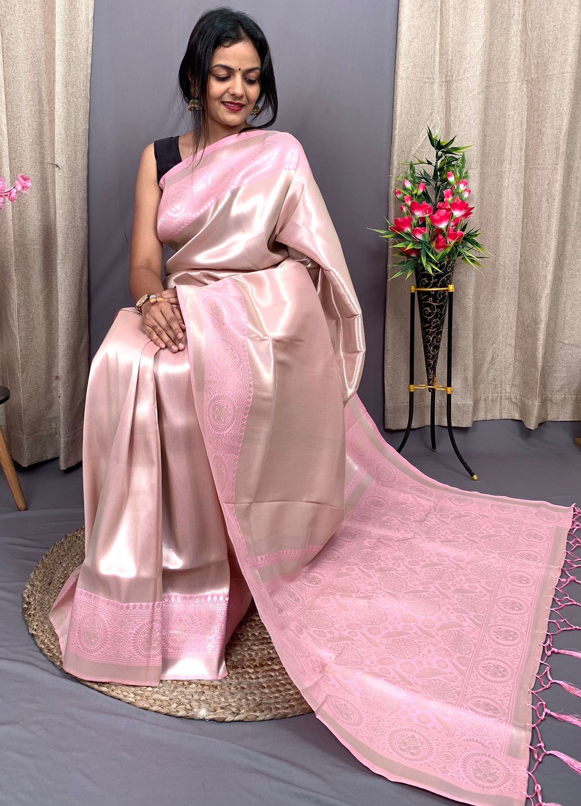 Pure Banarasi Silk Rich Plain Zari Weaved All Over With Weaved Pallu Saree