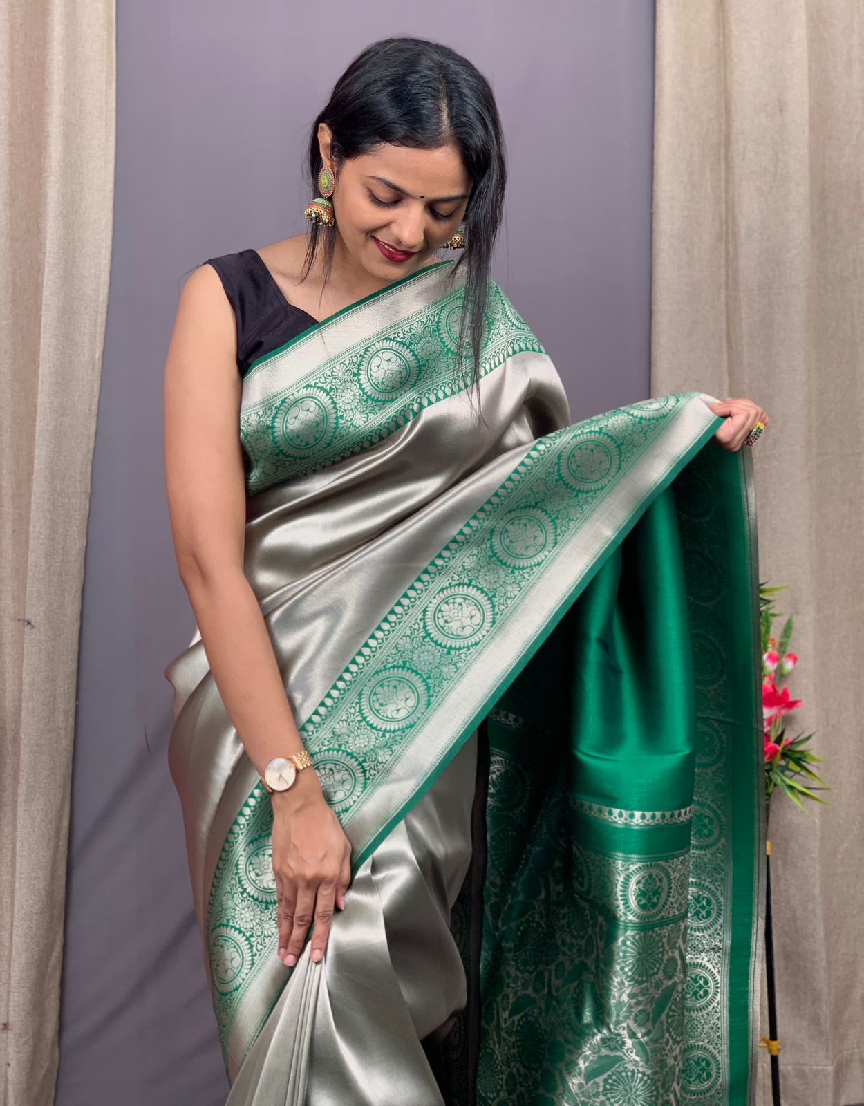 Pure Banarasi Silk Rich Plain Zari Weaved All Over With Weaved Pallu Saree
