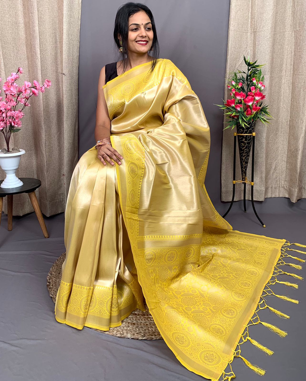 Pure Banarasi Silk Rich Plain Zari Weaved All Over With Weaved Pallu Saree