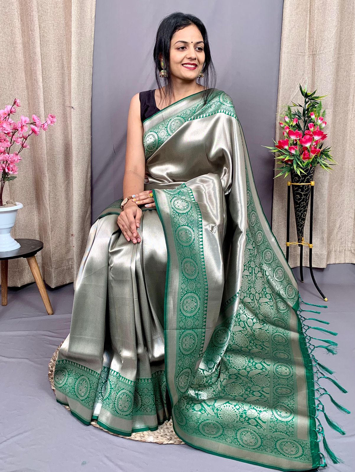 Pure Banarasi Silk Rich Plain Zari Weaved All Over With Weaved Pallu Saree