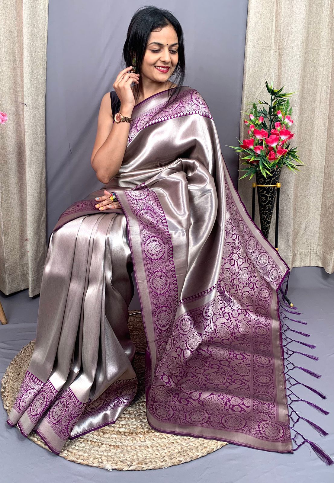 Pure Banarasi Silk Rich Plain Zari Weaved All Over With Weaved Pallu Saree