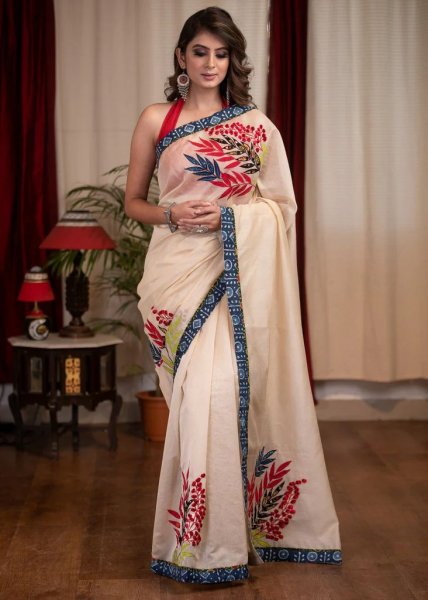 Image of Off White Modal Silk All Over Digital Printed With Unstitched Blouse Saree