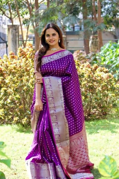 Image of Banarasi Silk All Over Silver Zari Weaved Booti With Rich Weaved Pallu Saree