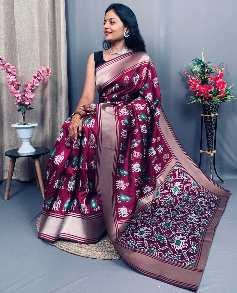 Pure Banarasi Silk Patola All Over Weaved With Rich Zari Weaved Pallu Border Saree