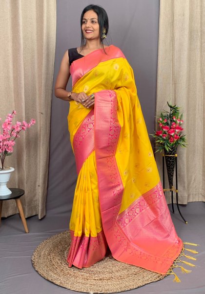 Image of Pure Banarasi Silk Rich All Over Zari Weaved Boota Rich Weaved Pallu Saree