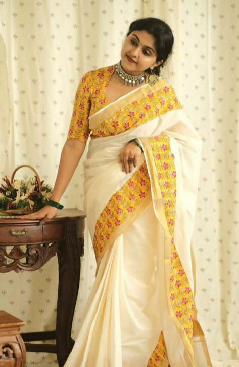 Pure Cotton Off White With Gold Zari Weaved And Printed Border Saree