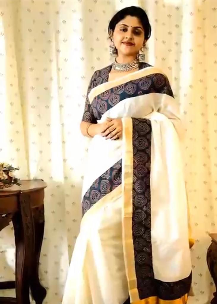 Pure Cotton Off White With Gold Zari Weaved And Printed Border Saree