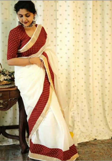 Pure Cotton Off White With Gold Zari Weaved And Printed Border Saree