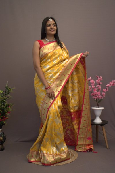 Image of Pure Kanchipuram Paithani Silk All Over Rich Zari Meenakari Weaved Sarees
