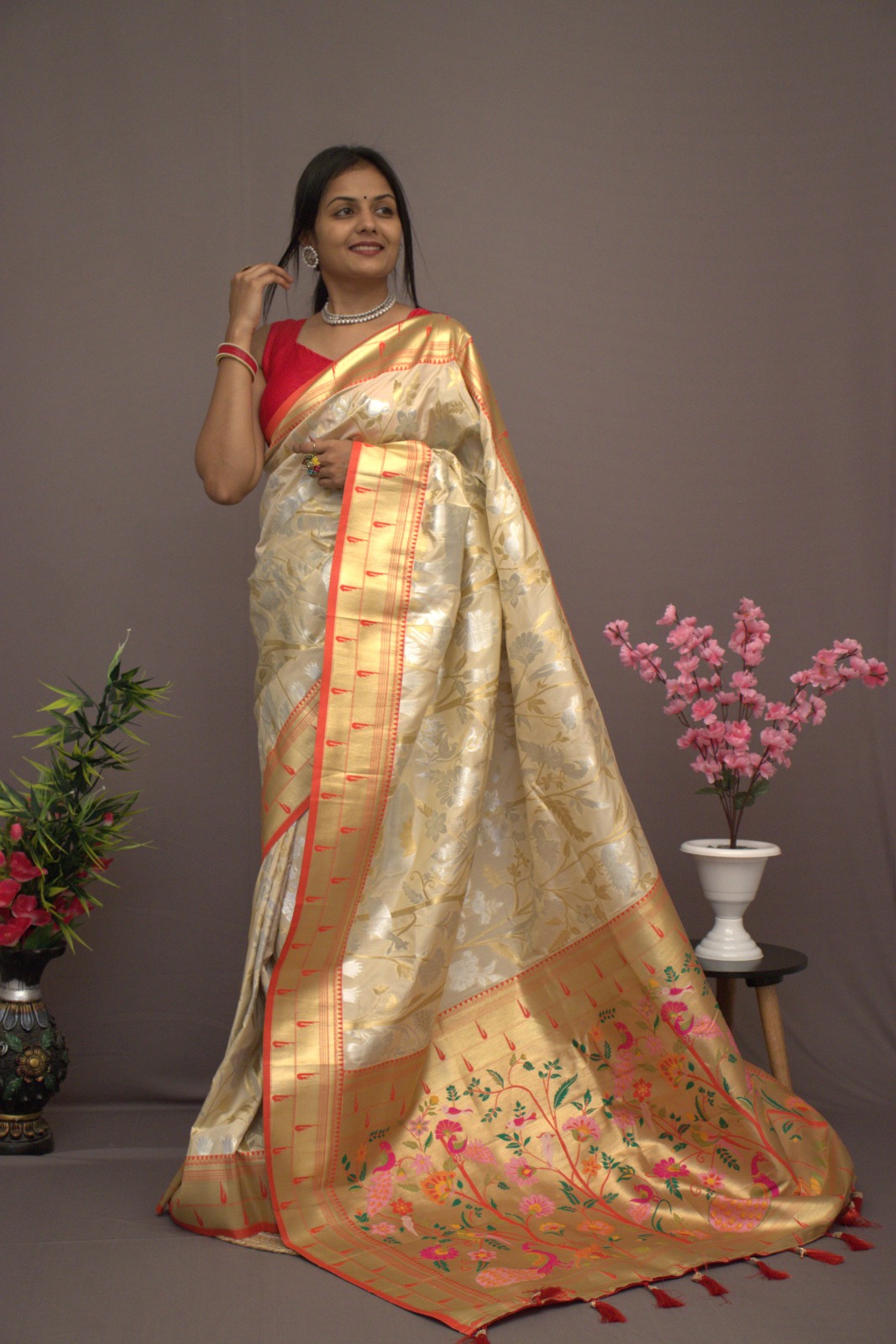 Pure Kanchipuram Paithani Silk All Over Rich Zari Meenakari Weaved Saree