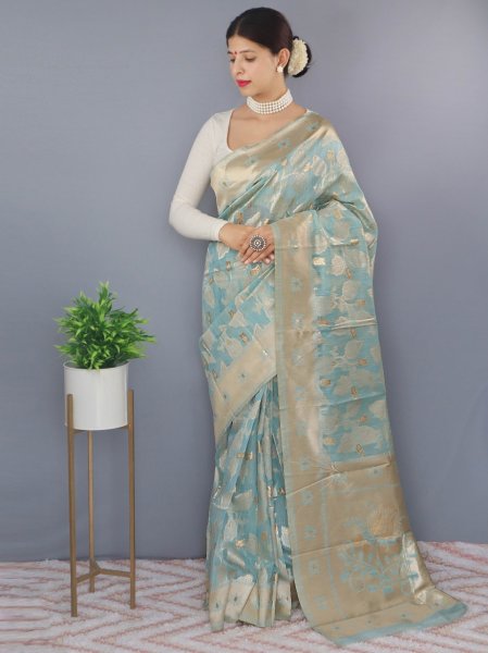 Image of Pure Linen All Over Gold Zari And Resham Weaved Rich Pallu Weaving Saree