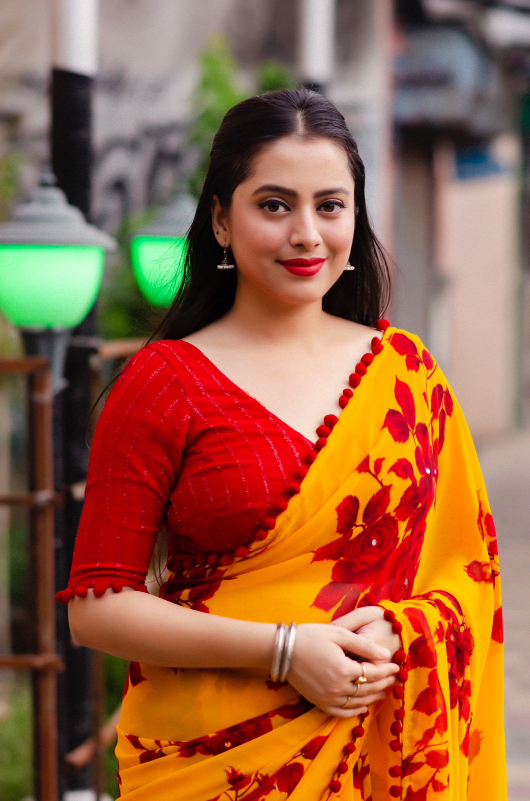 Soft Georgette All Over Digital Floral Printed With Pom Pom Border Saree