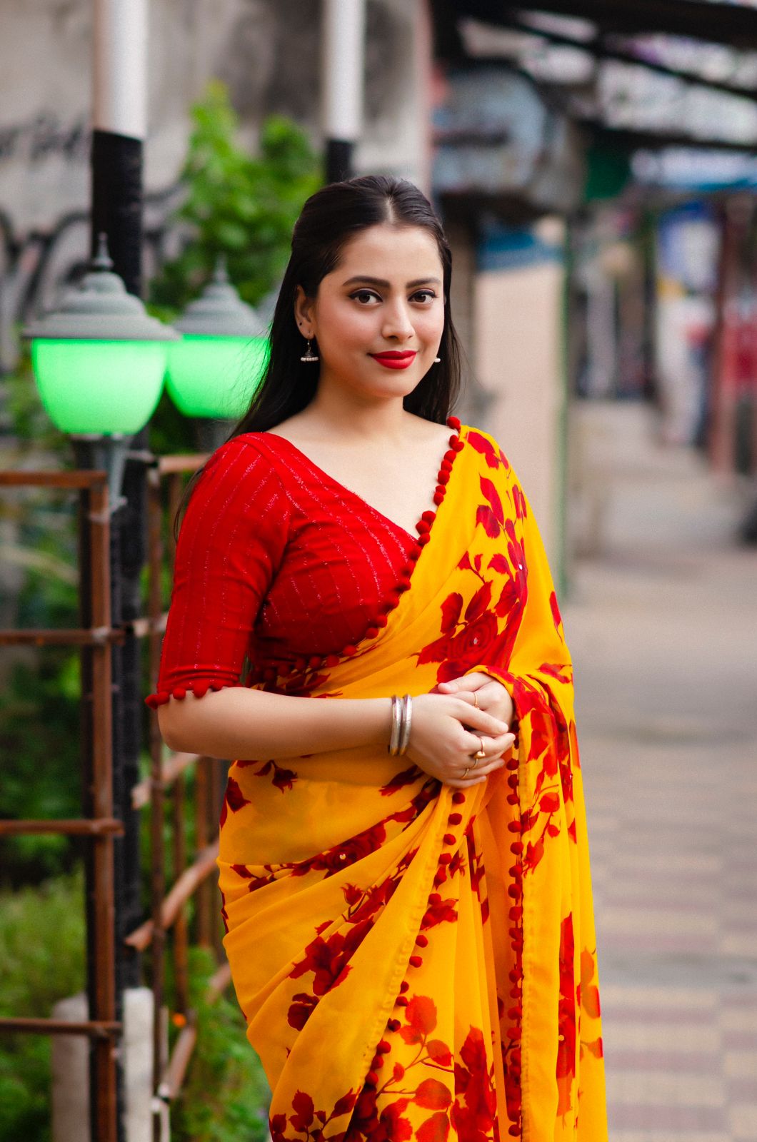 Soft Georgette All Over Digital Floral Printed With Pom Pom Border Saree