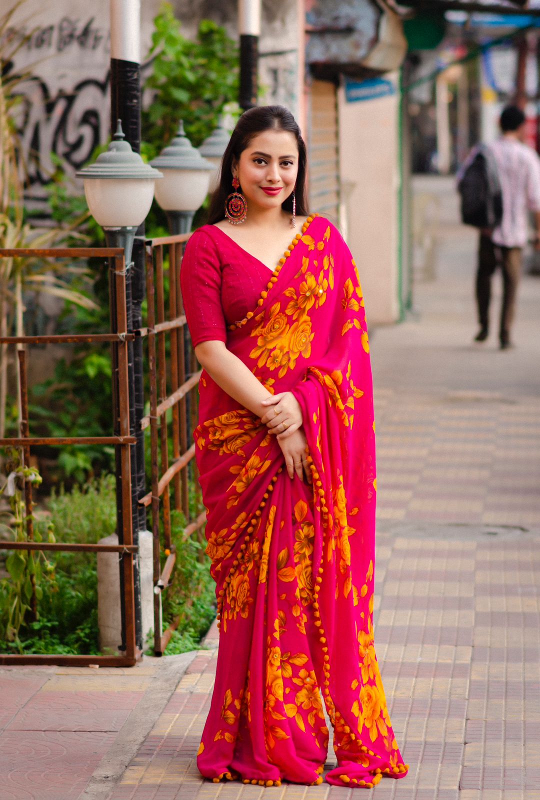 Soft Georgette All Over Digital Floral Printed With Pom Pom Border Saree
