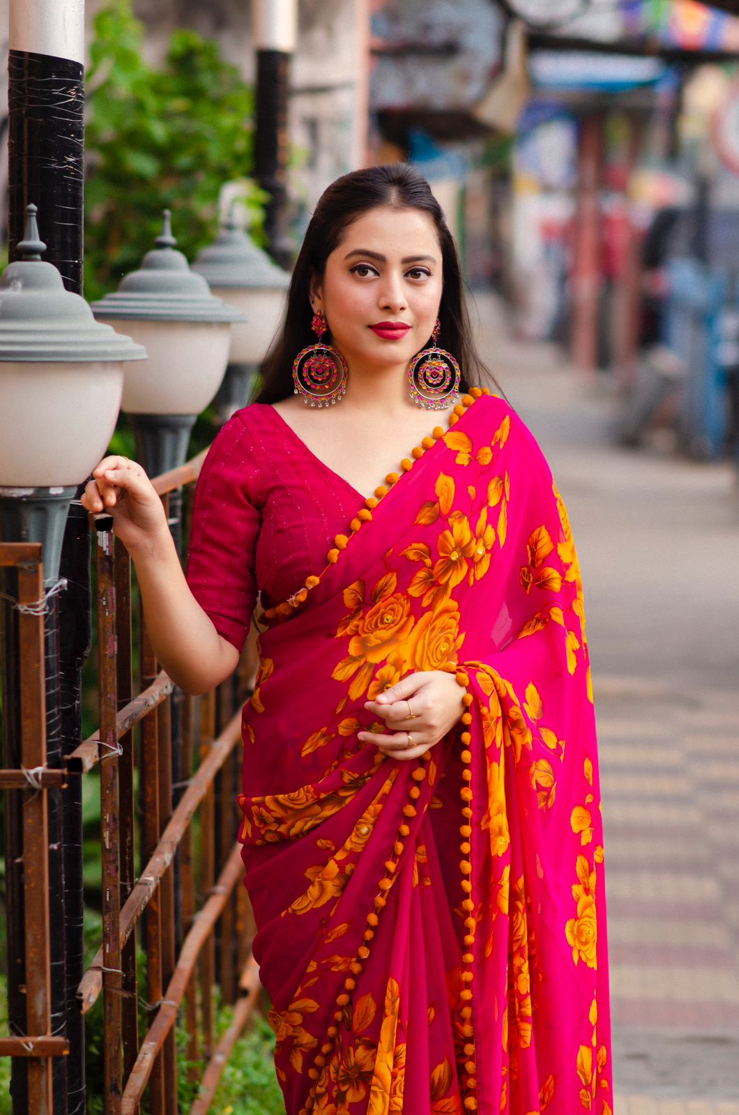 Soft Georgette All Over Digital Floral Printed With Pom Pom Border Saree