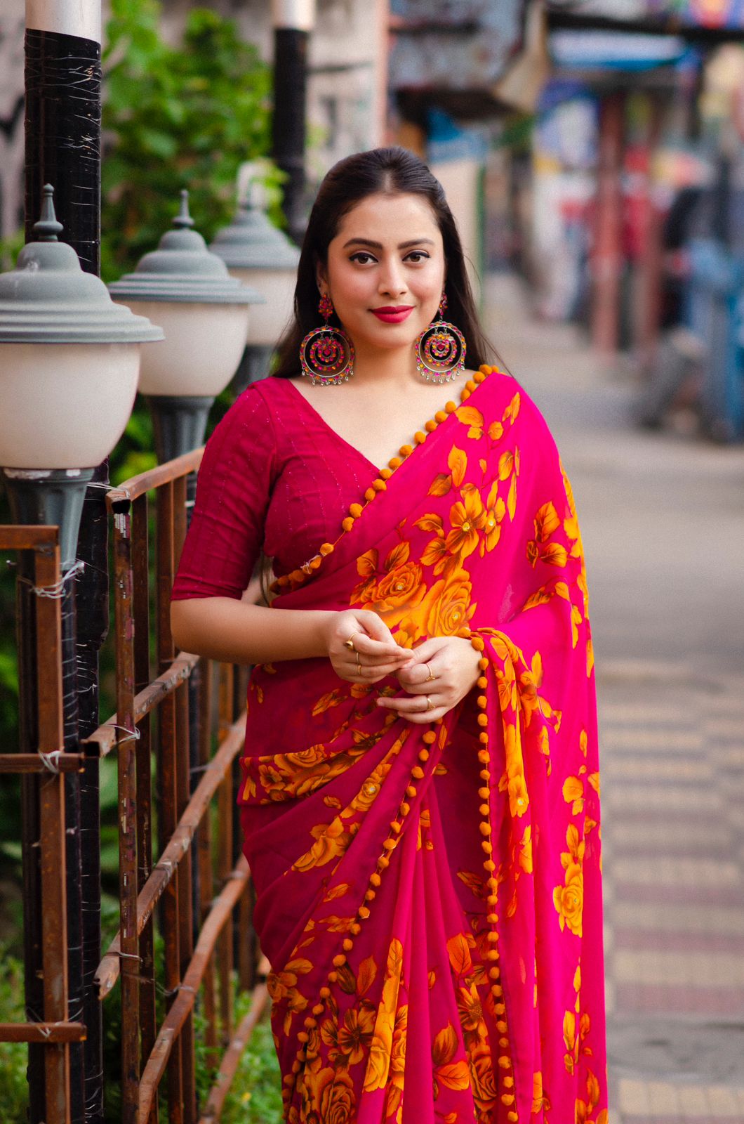 Soft Georgette All Over Digital Floral Printed With Pom Pom Border Saree