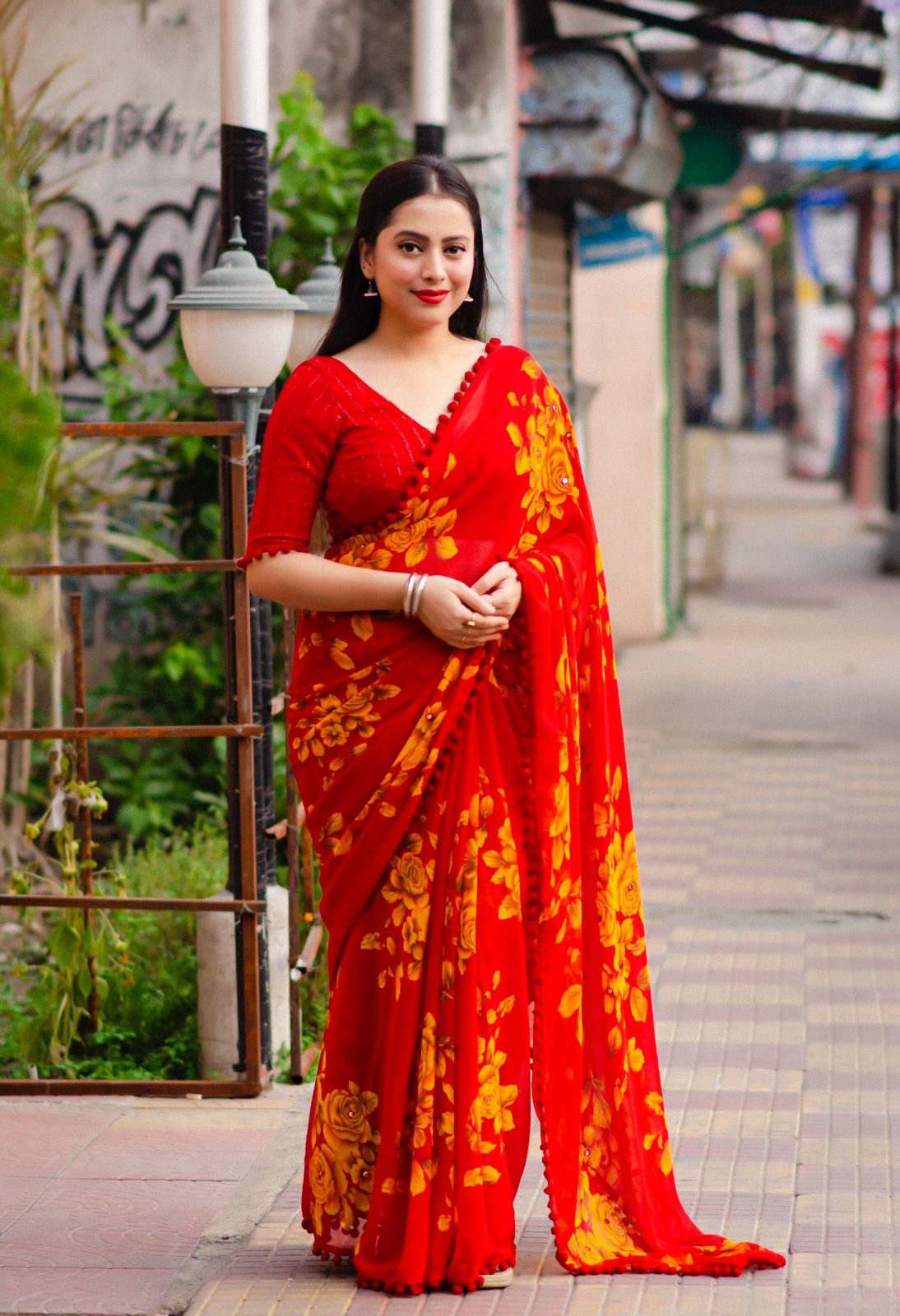 Soft Georgette All Over Digital Floral Printed With Pom Pom Border Saree