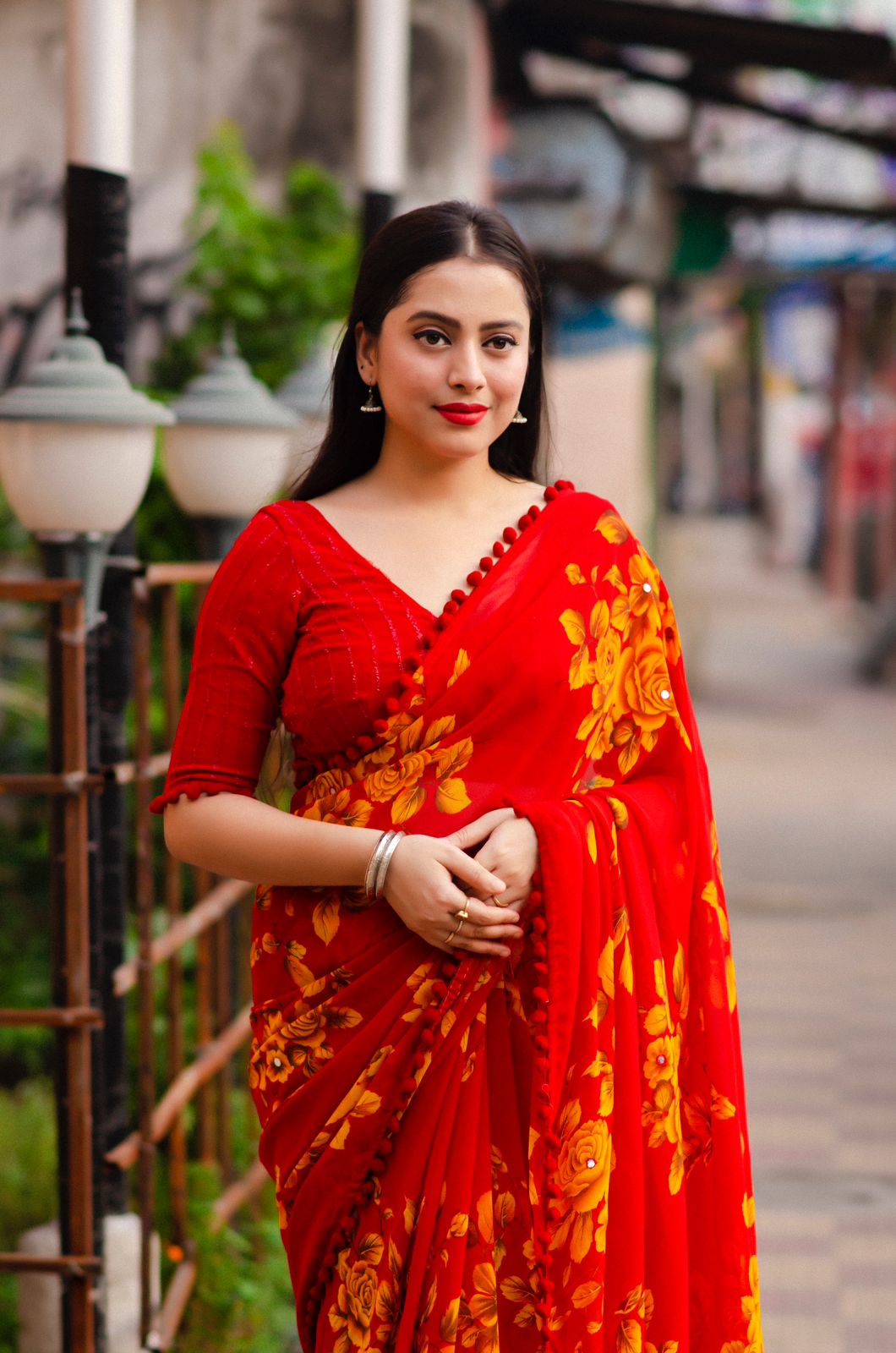 Soft Georgette All Over Digital Floral Printed With Pom Pom Border Saree