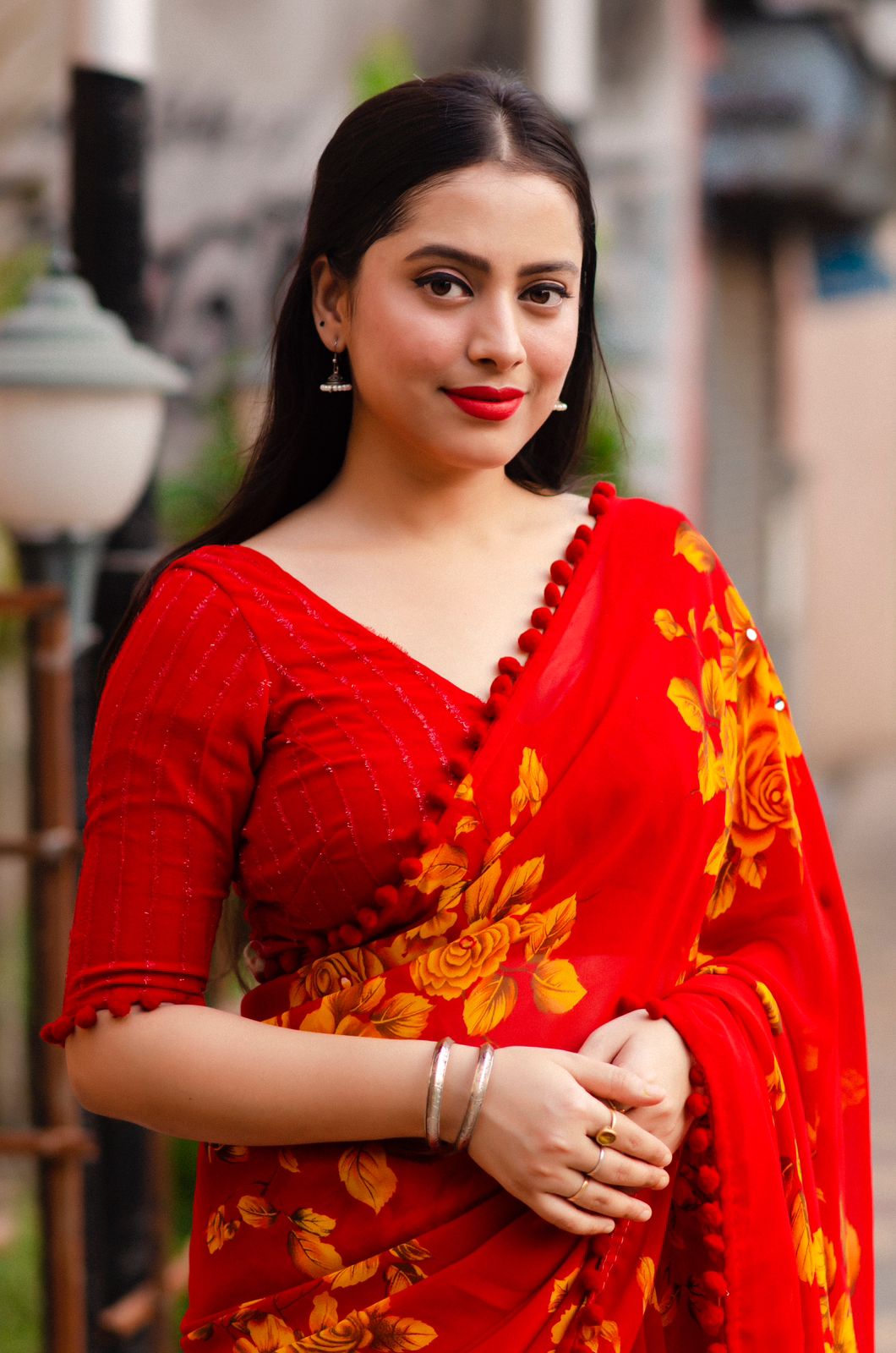 Soft Georgette All Over Digital Floral Printed With Pom Pom Border Saree