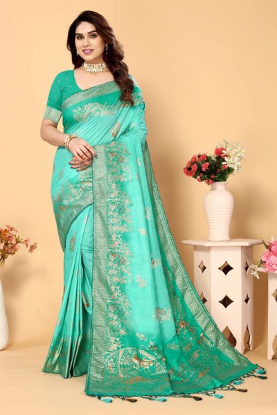 Image of Pure Viscose Dola Silk All Over Jacquard Weaving Rich Kalamkari Pallu And Border Saree