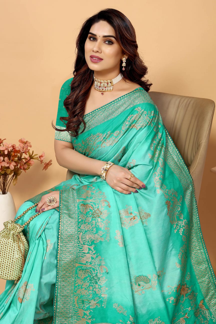 Pure Viscose Dola Silk All Over Jacquard Weaving Rich Kalamkari Pallu And Border Saree