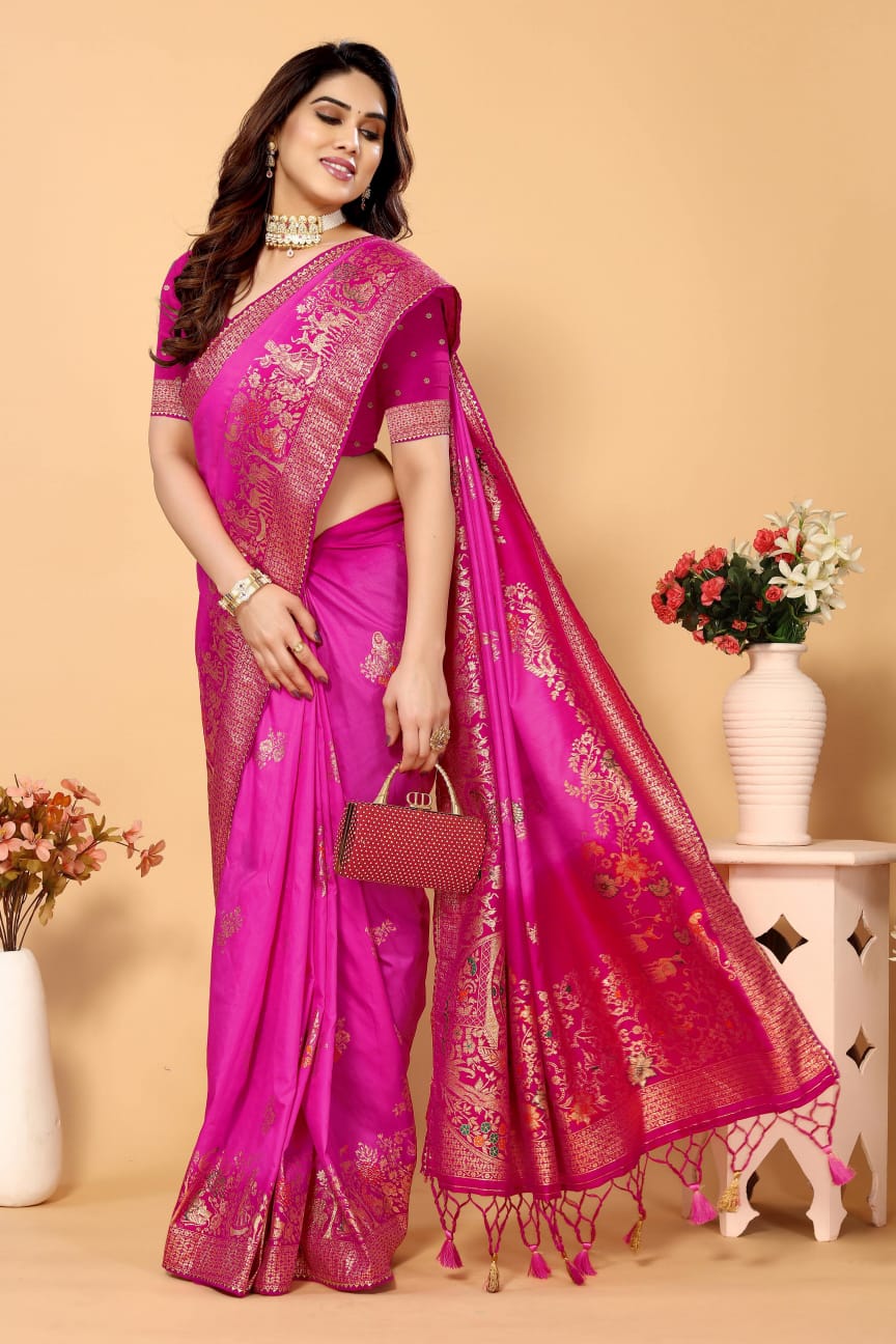 Pure Viscose Dola Silk All Over Jacquard Weaving Rich Kalamkari Pallu And Border Saree